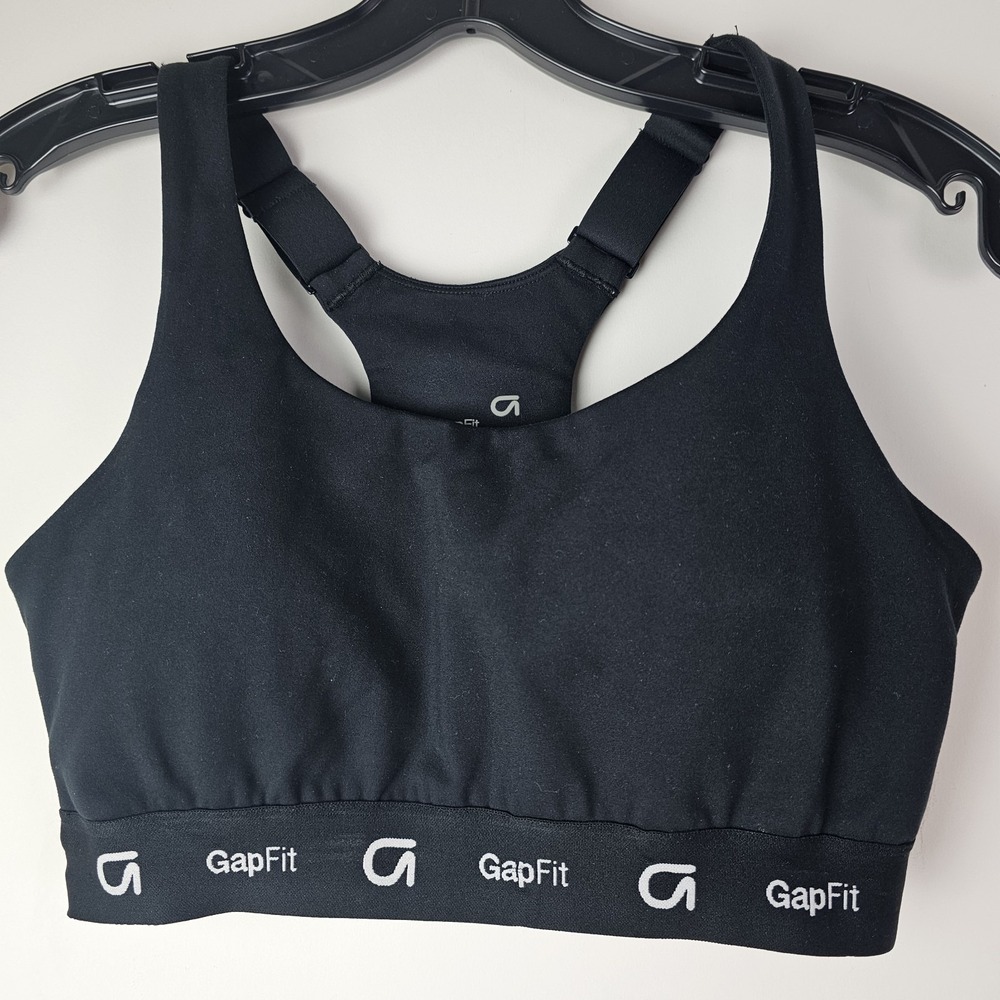 GAP Fit Women's Racerback Sports Bra Size Small Black Logo GapFit Gym Activewear